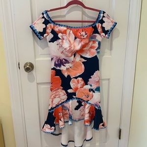 High Low Ruche Ruffle Floral Dress